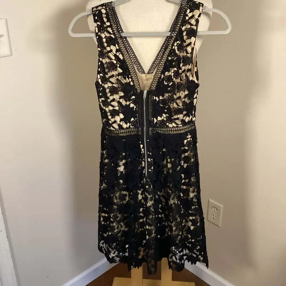 Francesca's Alya Black Lace V-Neck Sleeveless Dress with Nude Lining - Picture 3 of 3